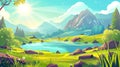 This modern illustration of a mountain landscape with small lake in valley features a rocky range, a meadow with green Royalty Free Stock Photo