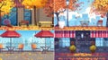 Modern illustration of an outdoor park street cafe in summer, spring, winter, and autumn. Fall bistro scene and Royalty Free Stock Photo