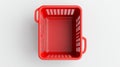 Modern illustration of a red supermarket shopping cart. Photorealistic empty basket for food products. Mockup of a