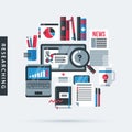 Modern illustration about researching in flat design style. Desktop computer, laptop, big magnifier, newspapers Royalty Free Stock Photo