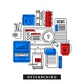 Modern illustration about researching in outline flat style. Desktop computer, laptop, big magnifier, newspapers Royalty Free Stock Photo