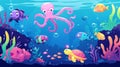 Modern illustration of sea life. Underwater animals and fish. Undersea landscape with octopus, turtles, and fish. Royalty Free Stock Photo