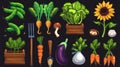 Modern illustration of seeds, grains, sprouts, sunflowers, beans, eggplants, carrots, and gardening tools isolated on a Royalty Free Stock Photo