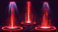 Modern illustration set of neon red game portal with lightning and glow effect. Magic teleport podium with beams for gui