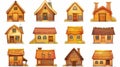 Modern illustration of a set of wooden rural houses isolated on white background. Small country cottages with windows