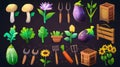 The modern illustration shows a set of gardening tools and vegetables harvested on a farm. It includes a sack, rake Royalty Free Stock Photo