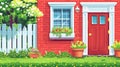 This modern illustration shows a suburban house facade with a red brick wall, a window, a door, and flowers in pots. Royalty Free Stock Photo