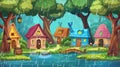 This modern illustration shows a woodland village with gnomes and fairies in some rainy weather. It is a summery Royalty Free Stock Photo