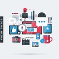 Modern illustration about social media in flat design style. Desktop computer, TV, phone, camera, tablet etc.