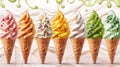 Modern illustration of soft ice cream cones flavored with vanilla, green tea, chocolate, and charcoal. Isolated on white Royalty Free Stock Photo