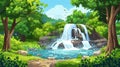 Modern illustration of a summer forest landscape with cascade waterfall, water falling off stones, a lake, green trees Royalty Free Stock Photo