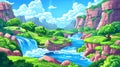 This is a modern illustration of a summer landscape with a river flowing through a valley. The illustration shows green Royalty Free Stock Photo