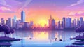 Modern illustration of sunset city skyline architecture near waterfront, modern megapolis with skyscrapers under purple Royalty Free Stock Photo