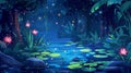 . Modern illustration of swamp in tropical forest at night with fireflies. Water lilies, a pond or river, and tree Royalty Free Stock Photo