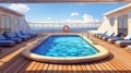 Modern illustration of a swimming pool on a cruise liner, a deck with sun loungers, and a wooden floor with portholes Royalty Free Stock Photo