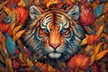 Modern illustration of a tiger with floral ornaments. Multicolored surreal elements. Royalty Free Stock Photo