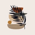 Modern illustration with tropical palm leaf, geo elements for minimalist print, poster, boho wall decor, flat design