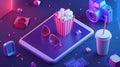 Modern illustration, web banner featuring online cinema isometric landing page, movie tickets, popcorn, cameras, and