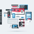 Modern illustration about web design in flat style. Drawing tools, computer, pictures, notebook