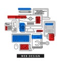 Modern illustration about web design in outline flat style. Drawing tools, computer, pictures, notebook
