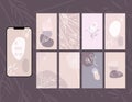 Social media story layout in shades of delicate pastel beige, powder shades pink, pale brown, red. Abstract shapes, eucalyptus Royalty Free Stock Photo