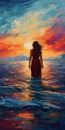 Modern Impressionism Painting Of Woman Walking In Ocean At Sunset Royalty Free Stock Photo