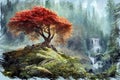 Oil Painting Of Lush Autumn Tree On Forest Edge