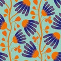 Modern Indian Floral style vector seamless pattern background. Neon orange indigo abstract echinacea flowers on winding