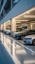 Reflective Floor and Overhead Structure in a Modern, Well-Lit Indoor Parking Garage. Royalty Free Stock Photo
