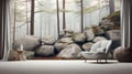 A modern indoor setting with a white chair and table juxtaposed against a realistic forest and rock wall mural backdrop