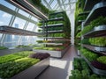Modern indoor vertical farm with rows of green plants and city view Royalty Free Stock Photo
