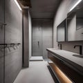 A modern industrial bathroom with concrete walls, stainless steel fixtures, and minimalist design2