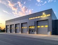 Modern Industrial Warehouse at Sunset Royalty Free Stock Photo
