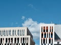 Modern industrial building with narrow windows and plastic panels finishing in Zaragoza, Spain. Spanish modern architecture Royalty Free Stock Photo