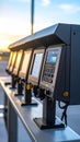 Modern industrial control panels aligned with digital screens and interactive keypads in a technology facility. Royalty Free Stock Photo