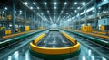 Modern industrial conveyor system in a high-tech recycling facility, brightly lit with automated sorting machines in