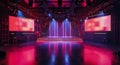 Modern Industrial Event Space With Red Neon Lights and Large Screens