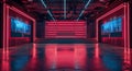Modern Industrial Event Space With Red Neon Lights and Large Screens