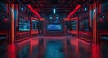 Modern Industrial Event Space With Red Neon Lights and Large Screens