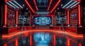 Modern Industrial Event Space With Red Neon Lights and Large Screens