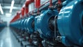 Modern industrial facility with blue compressors red pipes. High-tech HVAC unit cooling system with advanced technology design. Royalty Free Stock Photo