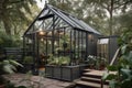 a modern, industrial garden shed with metal siding and a glass greenhouse Royalty Free Stock Photo