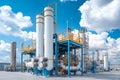 Industrial Gas Processing Plant with Tall Storage Tanks and Bright Blue Sky Royalty Free Stock Photo