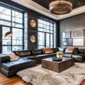 6 A modern, industrial-inspired living room with a mix of metal and leather finishes, a large sectional sofa, and a statement co