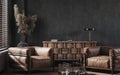 Modern industrial interior with leather furniture, luxury office