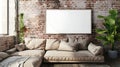 Modern industrial living room interior design, 3d render, cosy sofa bed wit white blank empty photo frame on the wall Royalty Free Stock Photo