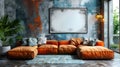 Modern industrial living room interior design, 3d render, cosy sofa bed wit white blank empty photo frame on the wall Royalty Free Stock Photo