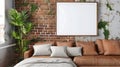 Modern industrial living room interior design, 3d render, cosy sofa bed wit white blank empty photo frame on the wall Royalty Free Stock Photo