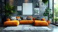 Modern industrial living room interior design, 3d render, cosy sofa bed wit white blank empty photo frame on the wall Royalty Free Stock Photo