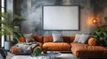 Modern industrial living room interior design, 3d render, cosy sofa bed wit white blank empty photo frame on the wall Royalty Free Stock Photo